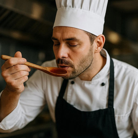 Portrait of a male chef in a restaurant kitchen with a wooden spoon.