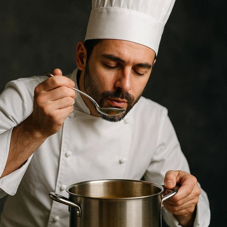 Chef tasting soup in kitchen. Portrait of a bearded male chef in white uniform.