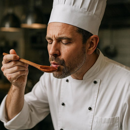 Close up portrait of a bearded male chef in uniform holding wooden spoon in the kitchen
