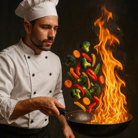 Chef cooking vegetables in a frying pan with flames on dark background