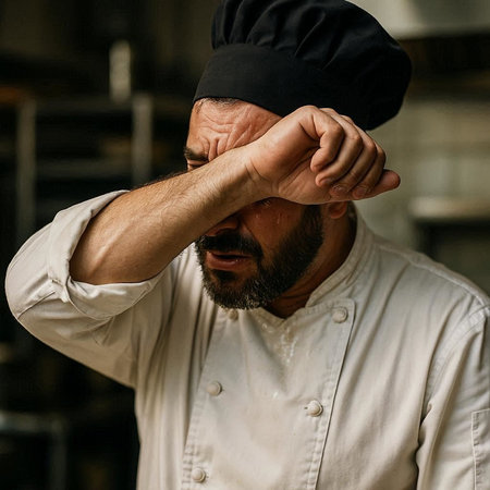 Portrait of a bearded male chef in a white uniform and hat.