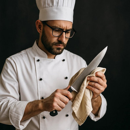 Portrait of a bearded chef with a knife in his hands.