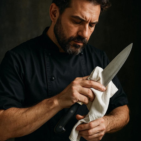 Handsome bearded man in black shirt with a knife in his hands.