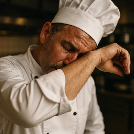 Portrait of a tired male chef in a white uniform and hat