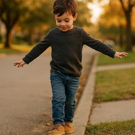 Cute little boy in a sweater and jeans walking in the park.
