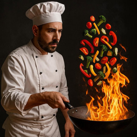 Portrait of a male chef cooking vegetables in a pan on a dark background
