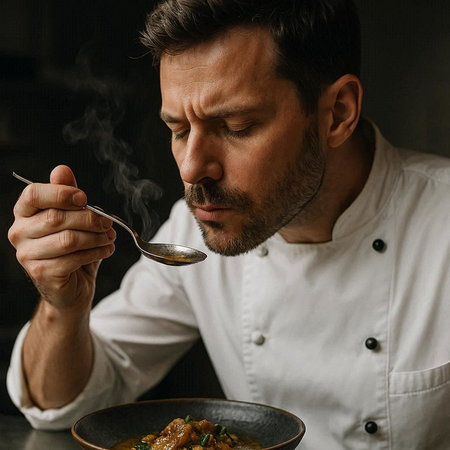 Portrait of a bearded male chef in a white uniform preparing a meal in a restaurant