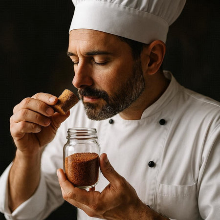 Close up portrait of a bearded male chef in a white uniform holding a jar with ground coffee.