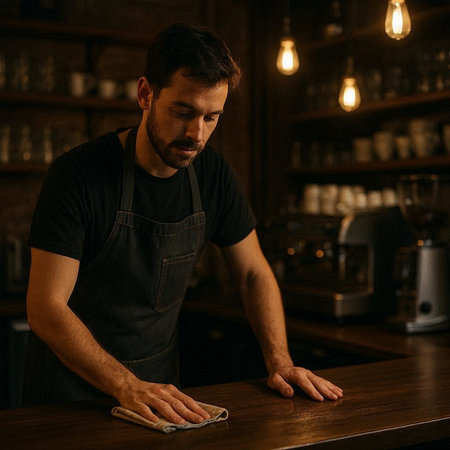 Handsome barista in apron cleaning bar counter with rag
