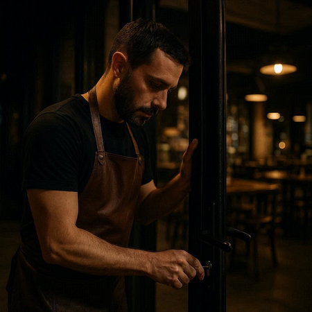 Portrait of a handsome man in apron opening door at night