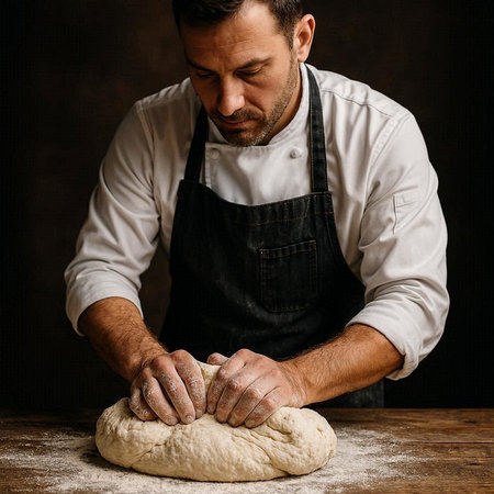 Man kneading dough on a dark background. Bakery.