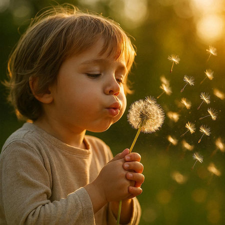 Cute little boy blowing dandelion seeds in the sunset light