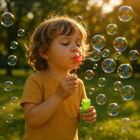 Cute little boy blowing soap bubbles in the park on sunny summer day