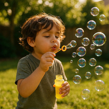 Cute little boy blowing soap bubbles on a sunny summer day.