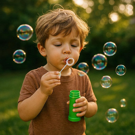 Little boy blowing soap bubbles in the park on a sunny summer day