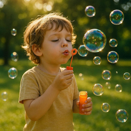 Little boy blowing soap bubbles in the park on a sunny summer day
