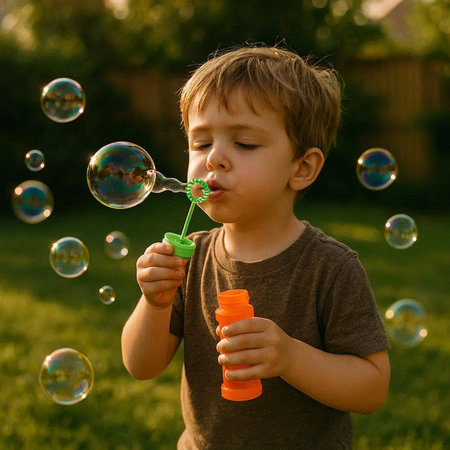 Little boy blowing soap bubbles in the park. Adorable child having fun outdoors.