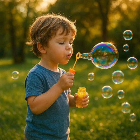 Cute little boy playing with soap bubbles in the park at sunset