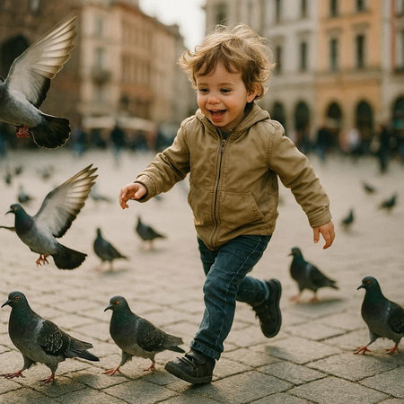 Cute little boy feeding pigeons on the square in Rome, Italy