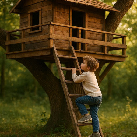 Little boy playing with wooden birdhouse in the park on a summer day