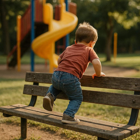 A little boy is playing on a wooden bench in the park.