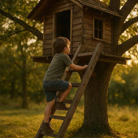 little boy climbing on a wooden ladder in the park, back view