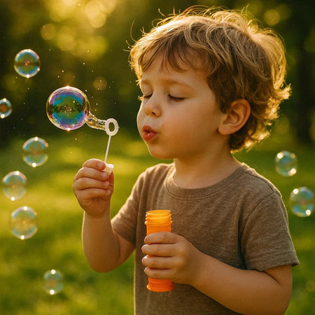 Little boy blowing soap bubbles in the park on a sunny summer day