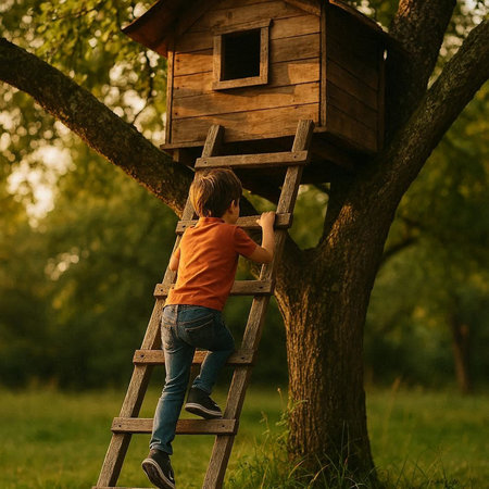 Cute little boy climbing a wooden birdhouse in the park.