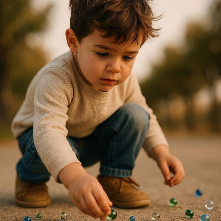 Cute little boy playing with colorful glass balls outdoors in the park
