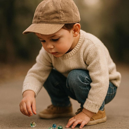 Cute little boy in a cap playing with marbles in the park