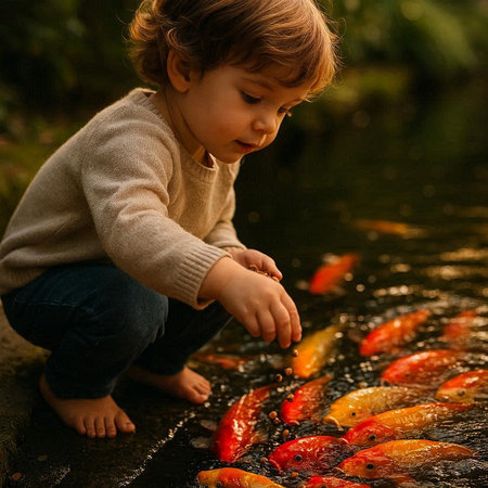 Little boy playing with fishes in the pond. Cute child playing with fish.