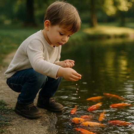 little boy feeding goldfishes in a pond in a summer park