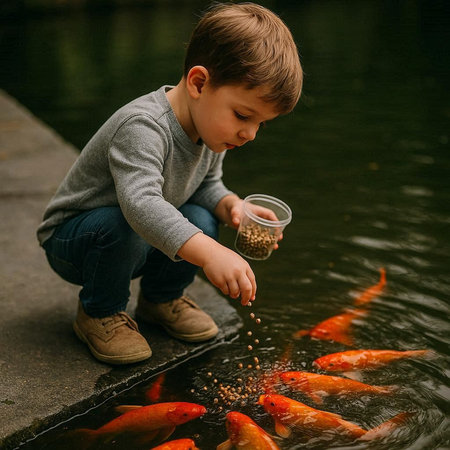 Little boy feeding goldfishes in the pond. Child feeding fishes.