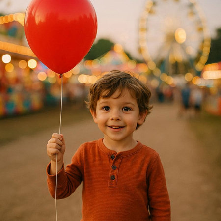 Little boy with a red balloon in the amusement park at sunset.