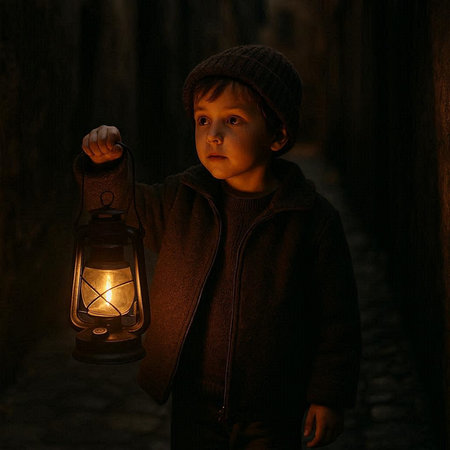 Little boy with a lantern in the old town of Lviv, Ukraine