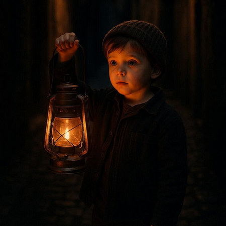 Little boy with a lantern in his hand on a dark background.