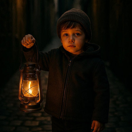 Little boy with a lantern in the old town of Lviv, Ukraine