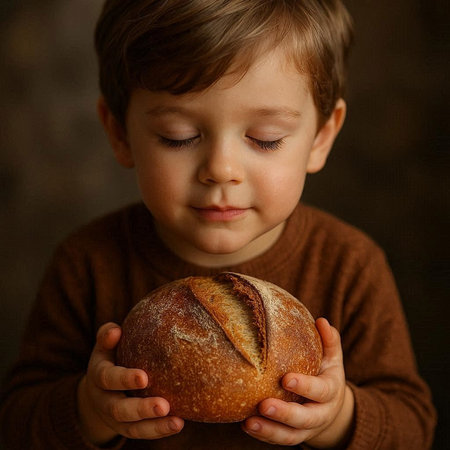Little boy with a loaf of bread in his hands. Dark background.