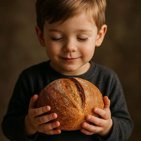 Little boy holding a fresh loaf of bread in his hands, close-up