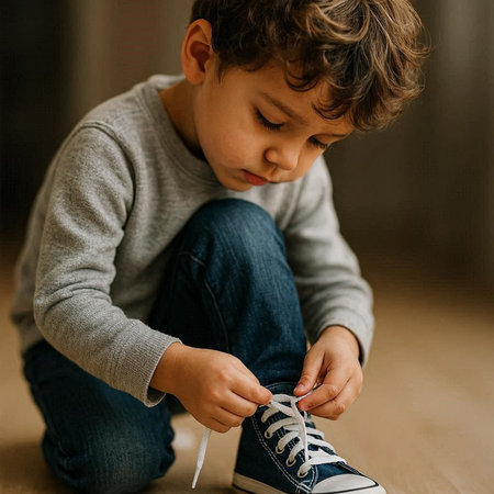 Cute little boy tying shoelaces on sneakers at home.