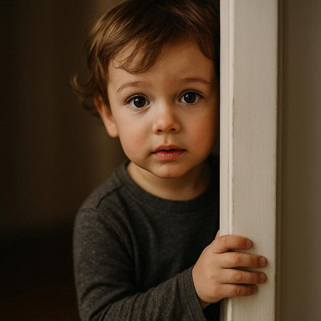 Portrait of a cute little boy looking out of the window.