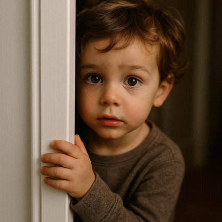 Cute little boy looking out of a white door at home.