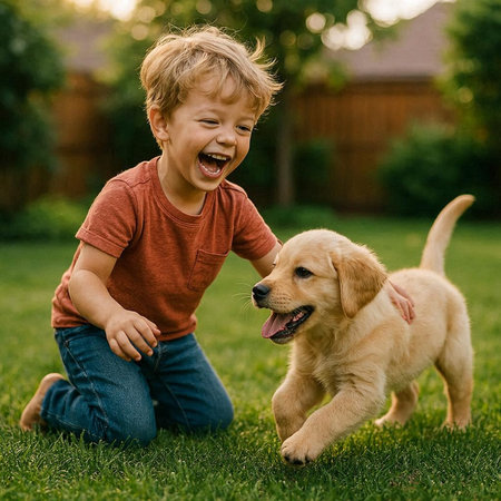 Portrait of a young boy playing with his labrador retriever