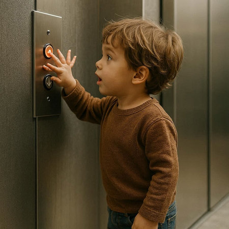 Cute little boy pressing the button on the elevator door. The boy is looking at the elevator.