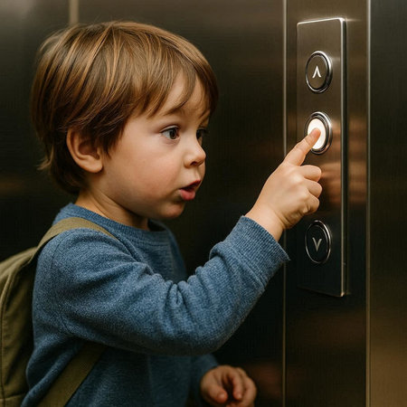 Little boy pressing button on elevator. Child pressing elevator button in elevator