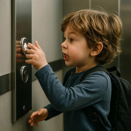 Little boy is opening the door of a hotel room. The child is afraid of entering the room.