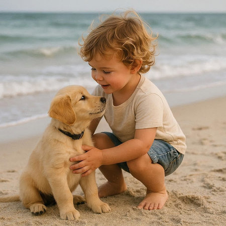Cute little boy playing with his dog on the beach in summer
