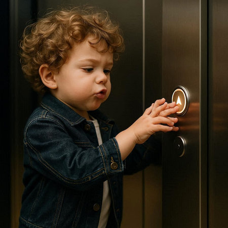 Cute little curly boy in jeans jacket and shirt standing near the elevator.