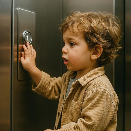Cute little boy with curly hair opening the elevator door at home