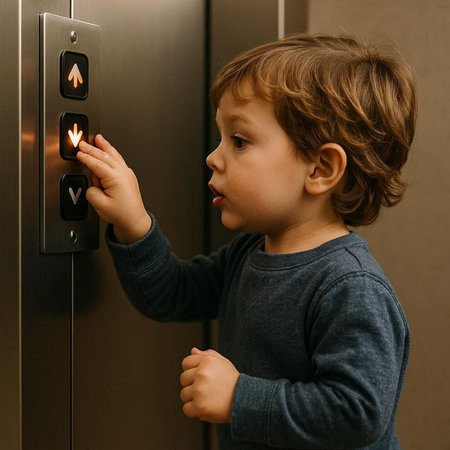 Cute little boy pressing button on elevator. Future technology concept.